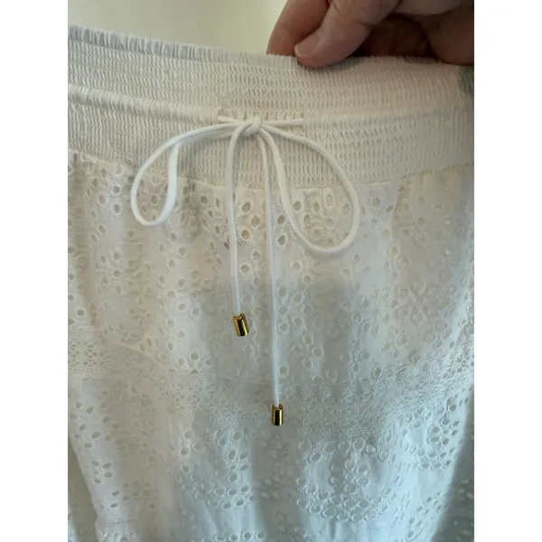 Joie Midi Skirt Women's Large White Cotton Boho A-Line Eyelet Lace Tiered - Image 3