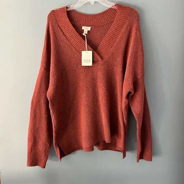 NWT a.n.a A New Approach 0X Rust Orange V Neck Pullover Knit Sweater Side Slits Red - Image 3