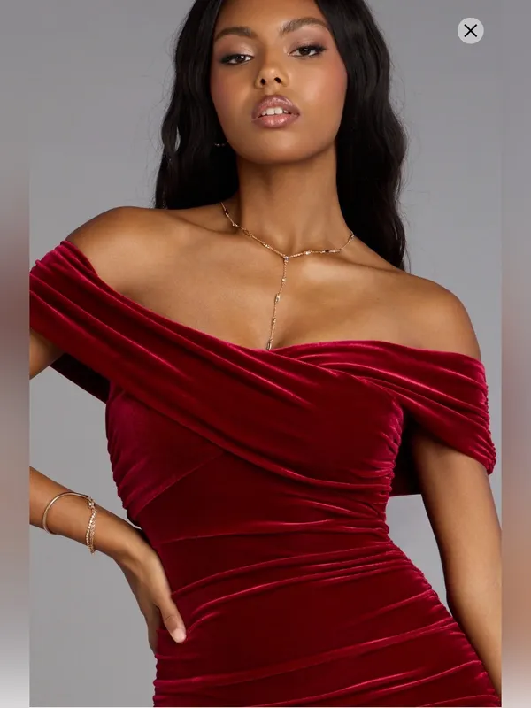 Windsor Gemma Burgundy Velvet Off Shoulder Mermaid Gown Size XS - Image 3