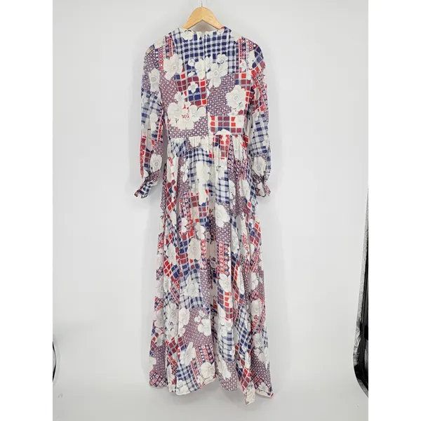 Gregg Draddy Vintage Maxi Dress Patchwork Floral Gingham Red‎ White Blue Small - Image 8
