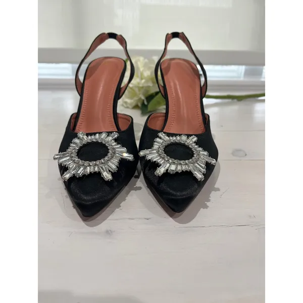 Black Satin Slingback Heels Crystal‎ Embellished Pumps Party Evening Occasion - Image 2