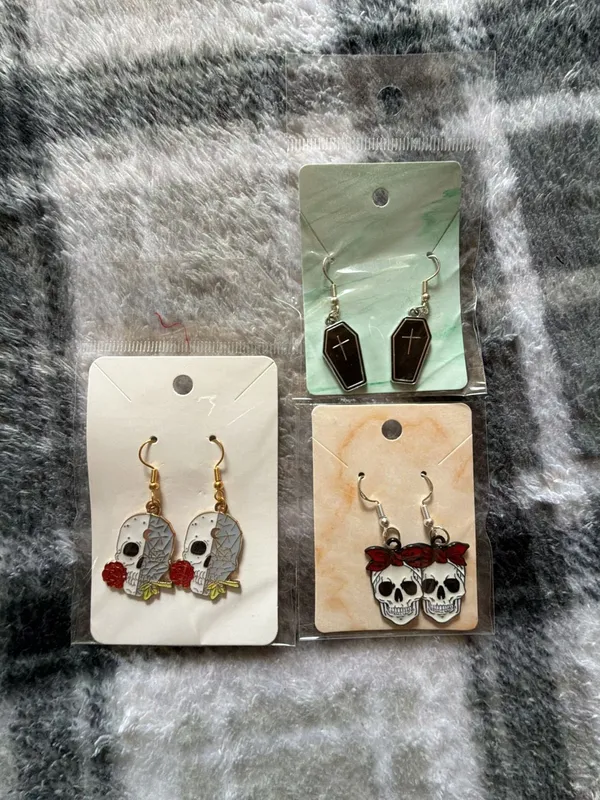 Set of 3 Assorted Gothic Skull and Coffin Enamel Dangle Earrings - Image 2