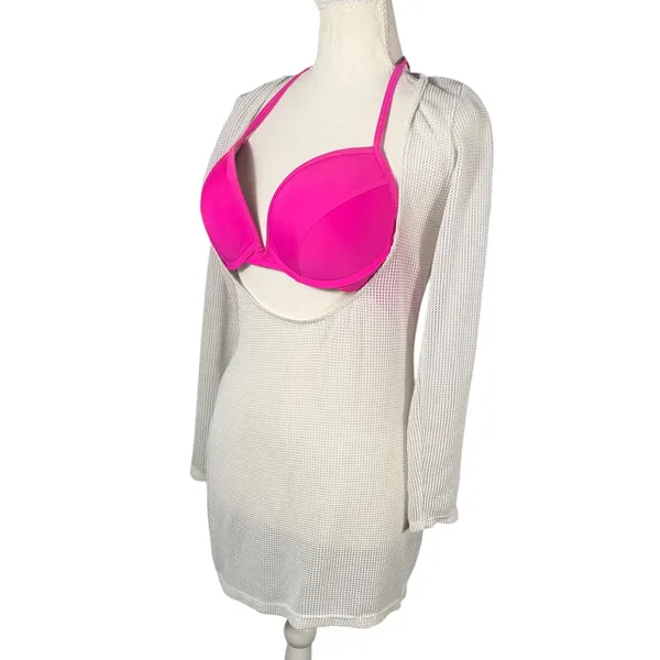 Mesh Swim Cover Up Womens Large Cream Deep Scoop Open Back Beach Dress - Image 3