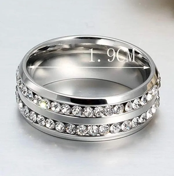 TJ Maxx 8mm Double Row Rhinestone Stainless Steel Unisex Ring Weddig Band Jewelry Size 8 - Image 3