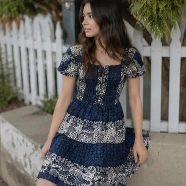 Navy Paisley Tiered Milkmaid Mini Dress Puff Sleeve Square Neck Smocked XS - Image 3