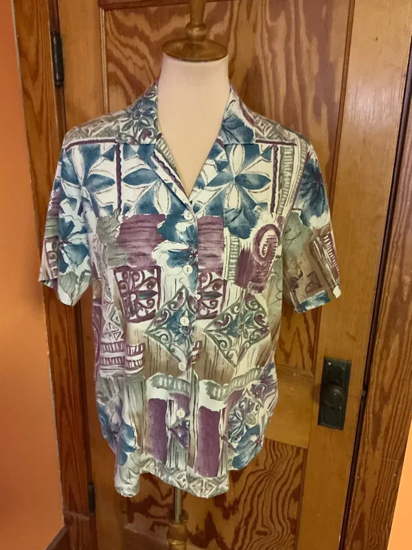 Vintage 80s Season Ticket Blouse Medium Boho Abstract Print Pocket Top - Image 3