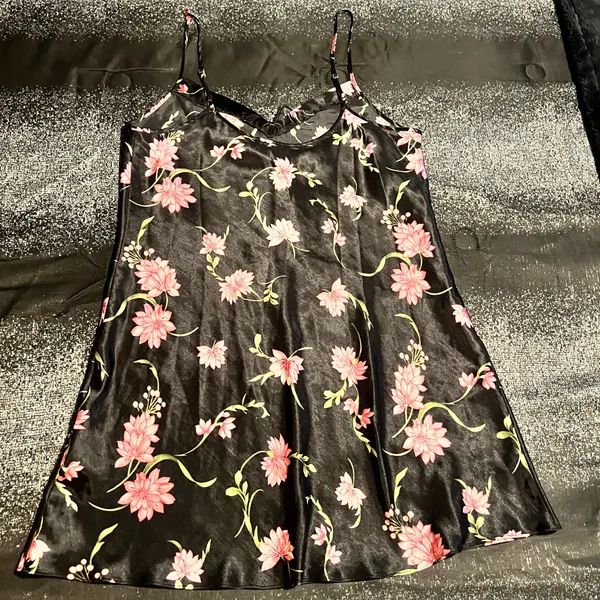 Womens lg Morgan Taylor Intimates Black Satin Floral Slip Dress Nightgown - Image 2