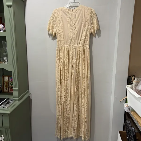 MEROKEETY Beige Nude Lace‎ Floral Maxi Dress Sz M Sheer Boho Romantic Fairy NWT - Image 10
