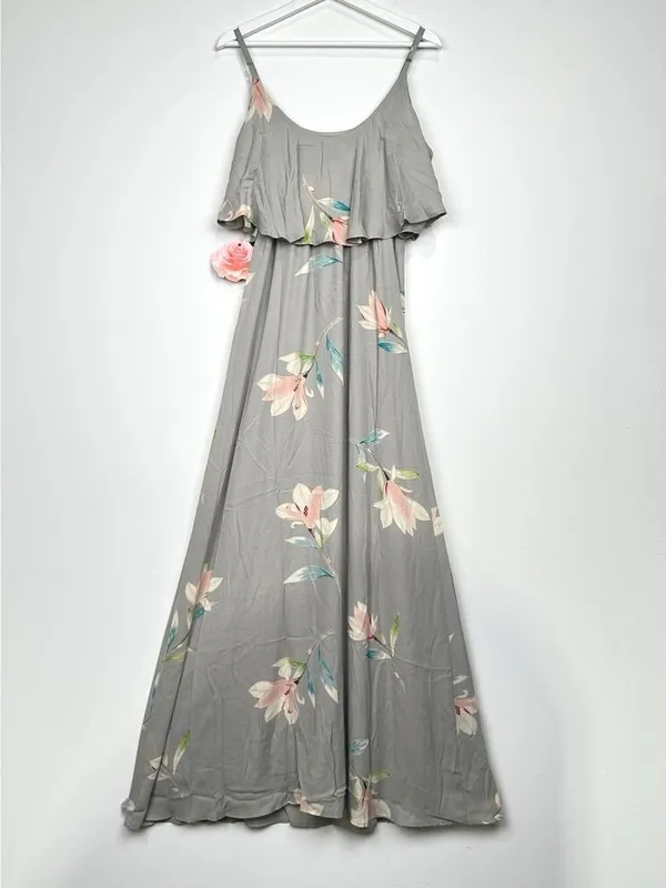 Show Me Your Mumu Caitlin Gray Floral Ruffle Cold Shoulder Maxi Dress S NWT - Image 4