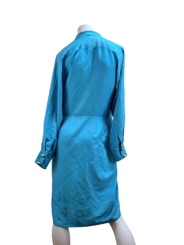Drapey Wrap 100% Silk 80s Vintage Working Girl Dress Turquoise Sz 8 - Image 2