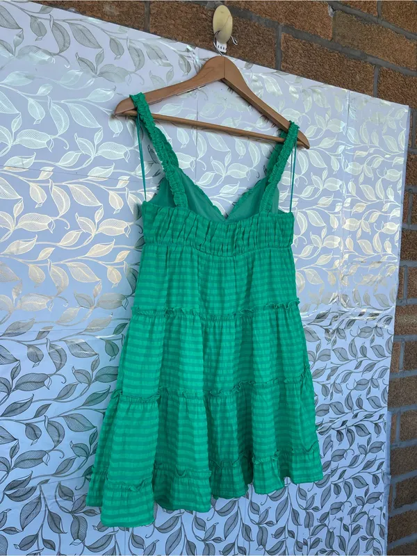 Meet Me In Santorini Green Tiered Mini Dress Smocked Straps Size S - Image 7