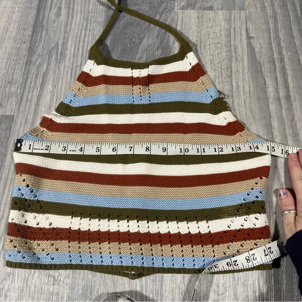 Garage Green, White, Orange, Baby Blue Striped Halter Knit Top; Medium Women's - Image 3