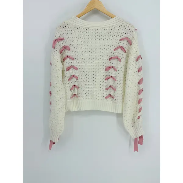 Ribbon Lace Up‎ Cardigan Womens Large Cream Pink Coquette Pointelle Knit Chunky - Image 6