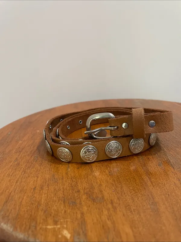 Brown Leather Silver Concho Coin Skinny Belt Women’s Size S/M - Image 2