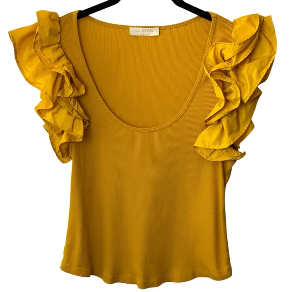 Ulla Johnson‎ Koa Ribbed Knit Top Golden Yellow Ruffle Sleeve Feminine Dainty L - Image 2