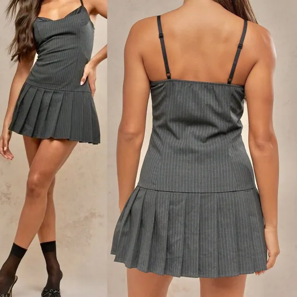 Sincerely Jules Pinstripe Pleated Drop-Waist 90s Vintage Aesthetic Mini Dress L - Image 2