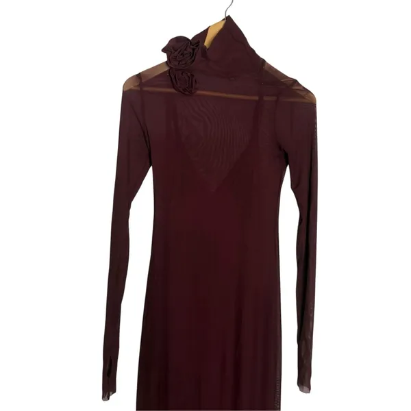 AFRM Revolve Shailene Fig Burgundy Mesh Long Sleeve Rosette Turtleneck Dress XS - Image 4