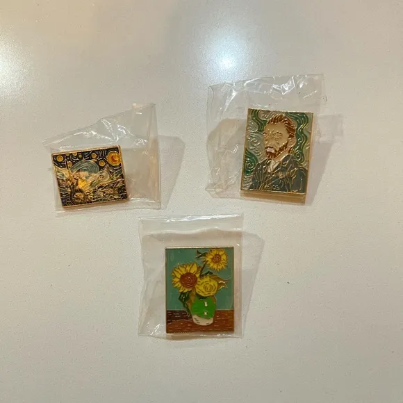 Van Gogh Themed Metal‎ Pins Set (3) - Sunflowers, Starry Night, Self-Portrait - Image 2