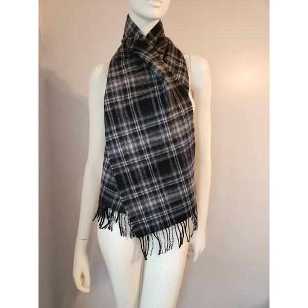 NWT John Hanly & Co Woven in‎ Ireland 100% Lambswool Scarf Black Plaid Fringe - Image 9