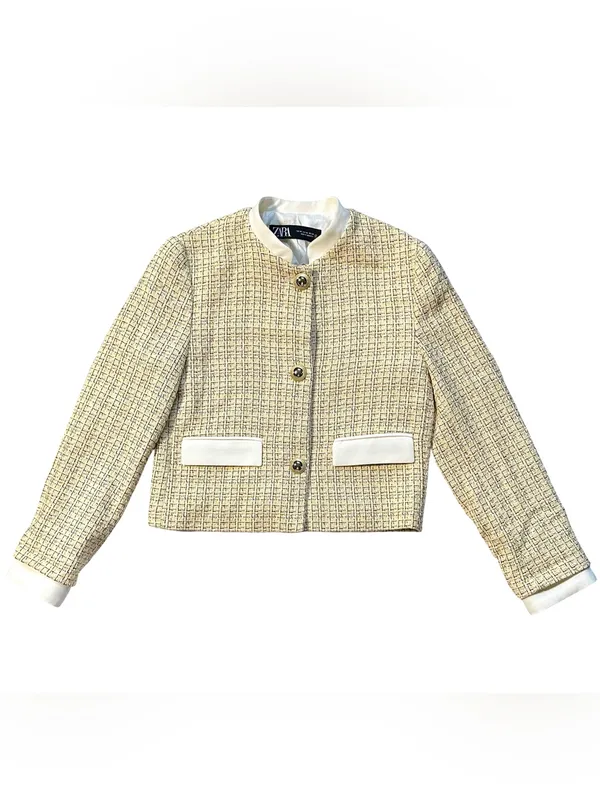 Zara Yellow Metallic Tweed Cropped Jacket - Image 3