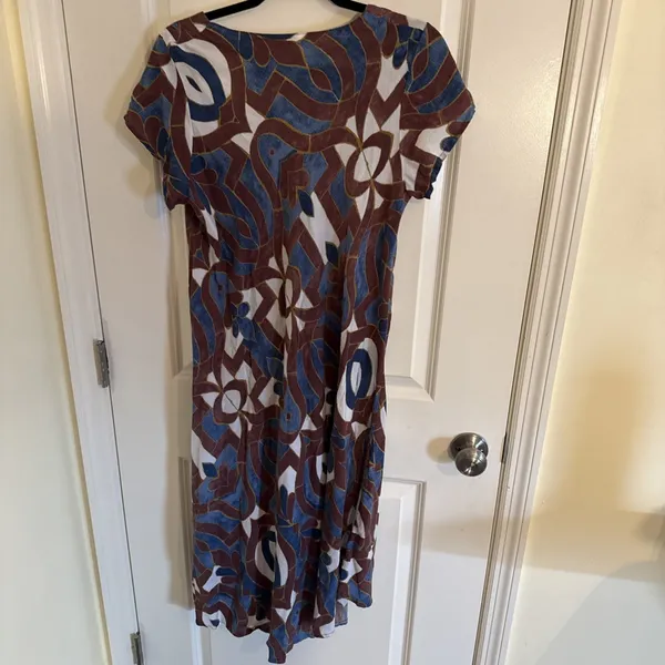 Türkis Otantik V Neck Blue & Brown Lightweight Cotton Midi Dress Medium - Image 3