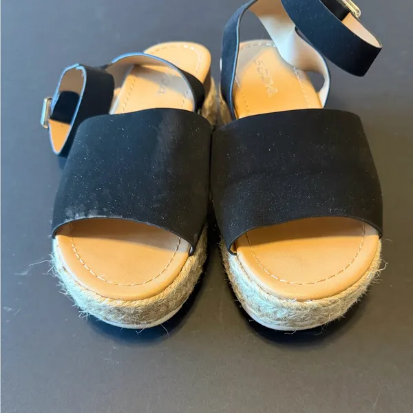 SODA black platform sandals, ankle strap, open front and back, jute accent, 7.5 - Image 5