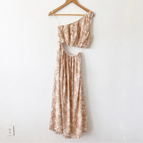 Abercrombie & Fitch One Shoulder Tan Floral Cutout Tropical Vacation Midi Dress - Image 2