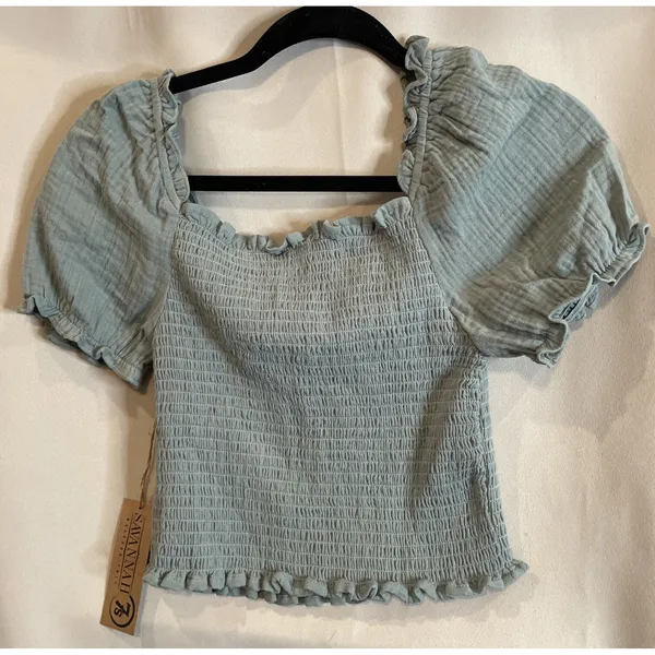 Hem Thread Womens S Sage Green Smocked Puff Sleeve Top Ruffle Gauze‎ NEW Boho - Image 2