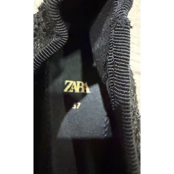 ZARA 37 / 6.5 women's black ballet flat slipper lace ankle tie shoe tweed ribbon - Image 4