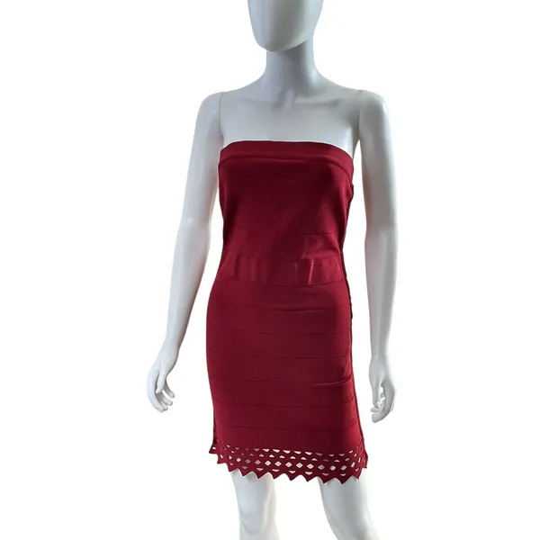 Susana Monaco‎ Burgundy Bandage Strapless Mini Dress Laser Cut Scallop Hem Small - Image 4