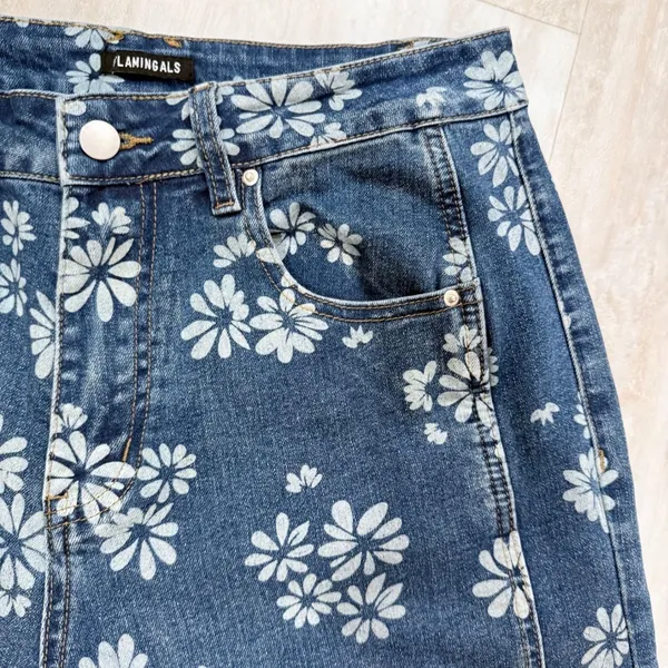 Flamingals Blue Daisy Floral Barrel Jeans Large High Rise Retro - Image 3