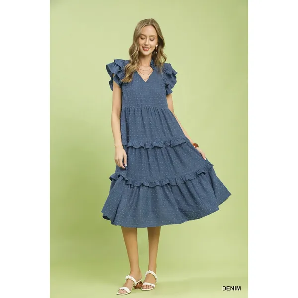 Umgee‎ Textured Ruffle Sleeve Tiered Midi Dress - Denim - Small - Image 5