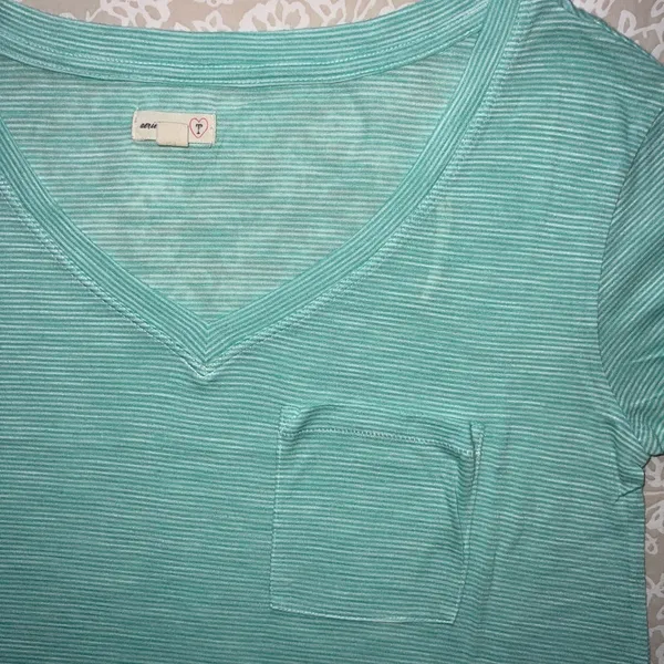 Aerie Mint Green Striped V-Neck Shirt - Image 2