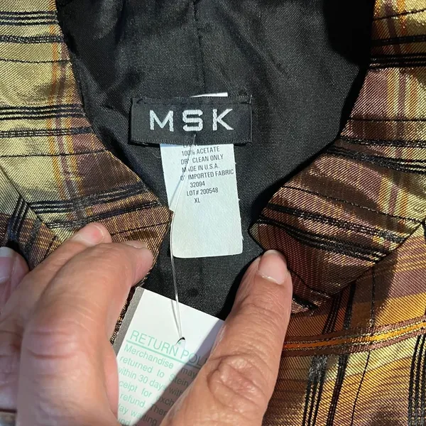MSK‎ Plaid Open Front Jacket Blazer Brown Gold Metallic Shimmer Evening Wear-XL - Image 6