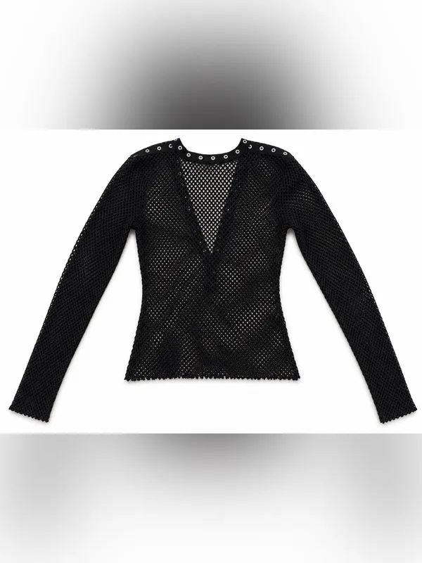 I.AM.GIA Black Mesh Festival Long Sleeve Top XS Sheer Eyelet Grunge Goth - Image 4