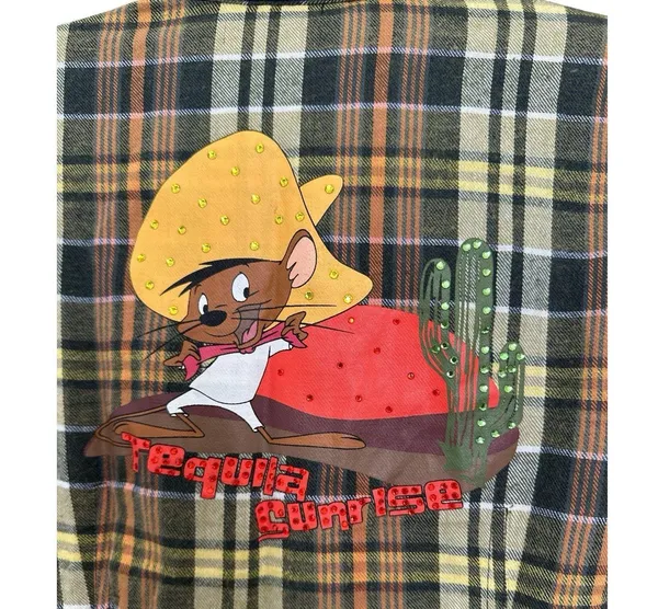 Warner Bros Speedy Gonzales, Flannel Button-Up blouse Size M crystal buttons - Image 5