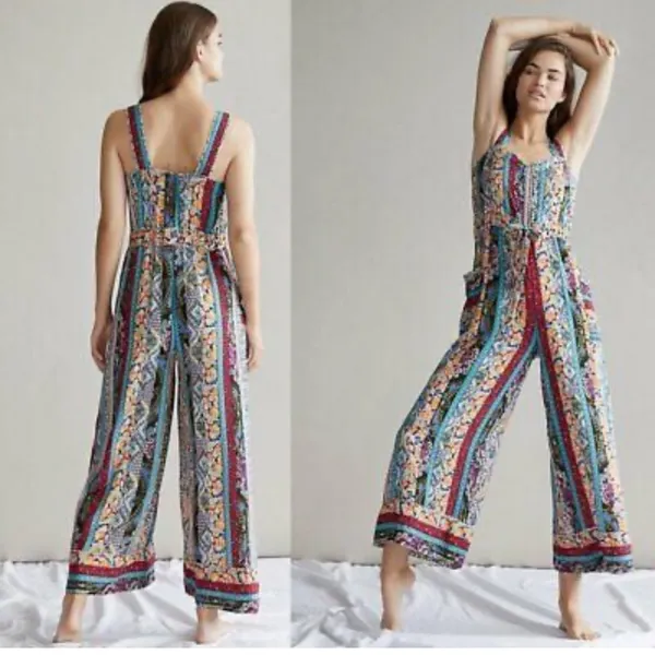 Anthropologie Calais floral boho jumper romper wide legs relaxed fit pockets XL - Image 2