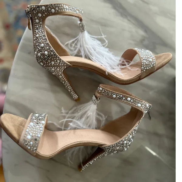 Nude & Crystal White Feather Tassel Ankle Strap Stiletto Sandal Heel Bridal - Image 5