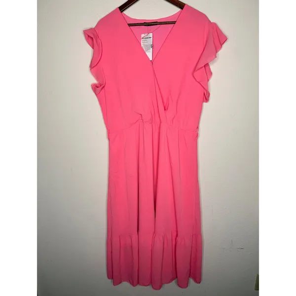 PrettyGarden Flutter Sleeve Wrap Midi Dress Pink‎ Solid Casual Boho Size XXL - Image 2