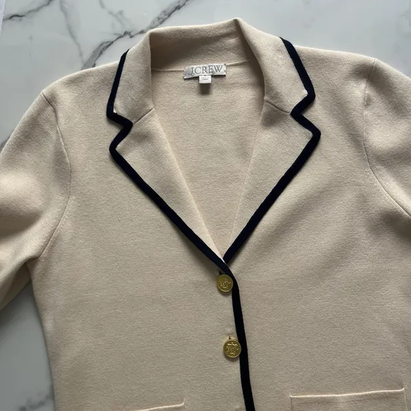 J.Crew Contrast Trim Waisted Sweater Blazer Champagne Gold Buttons Preppy Small - Image 5