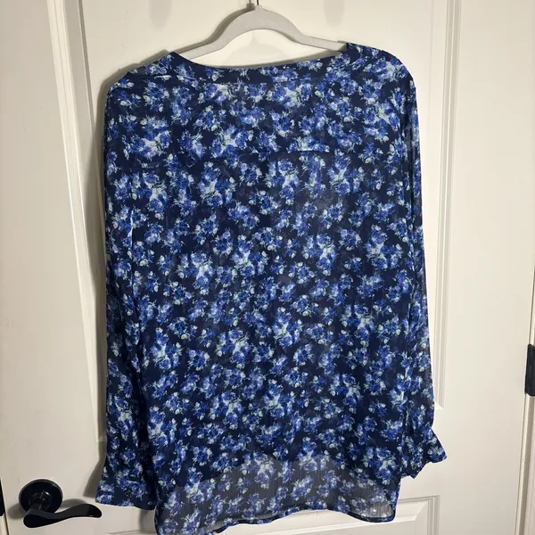 Liz Claiborne Long‎ Sleeve Blouse XL Blue Sheer Floral Button Top Cottagecore - Image 7