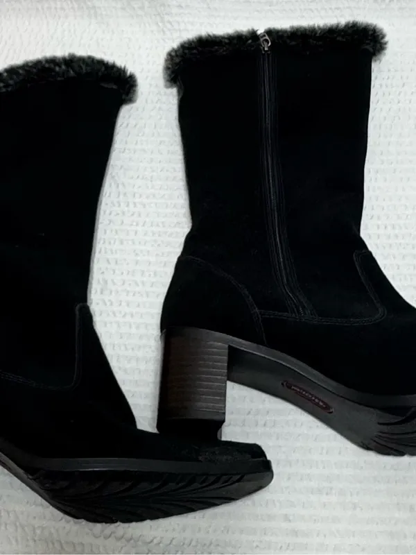 Sporto waterproof Women's Black Faux-Fur Trim Mid-Calf Heeled Boots Swede 8 - Image 2