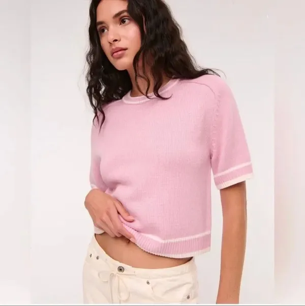 Abercrombie The Madeline Crewneck Knit Boxy Sweater Barbie Pink & White Small #1 - Image 9
