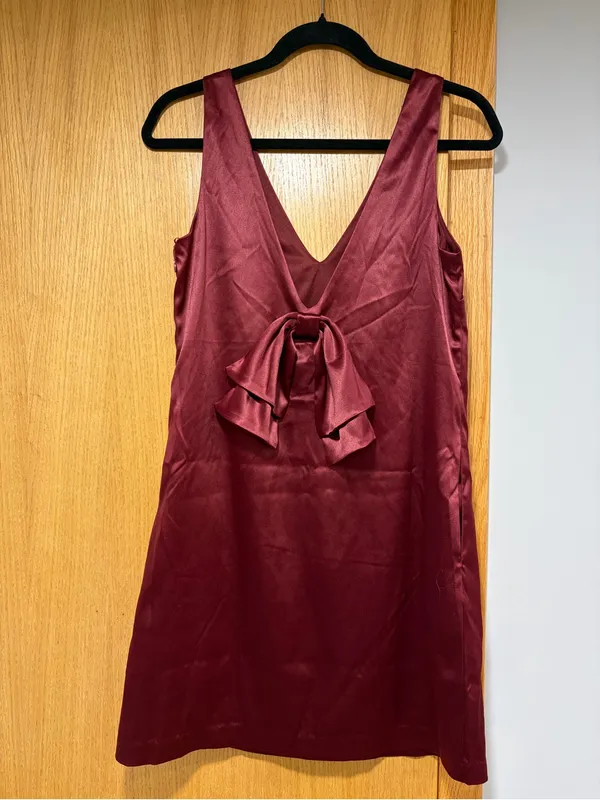 WAYF Burgundy Satin Sleeveless V-Neck Mini Dress with Bow - Size Small - Image 2