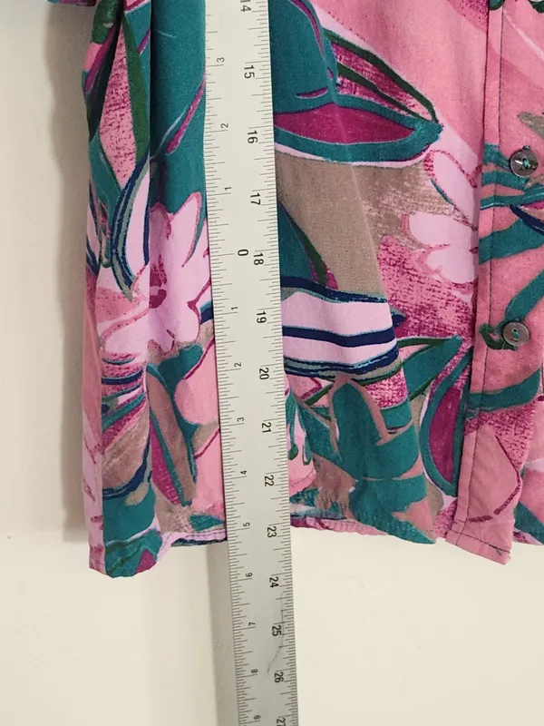 Entro Pink and Teal Green Tropical Print Puffy Sleeve Blouse Size Large - Image 8