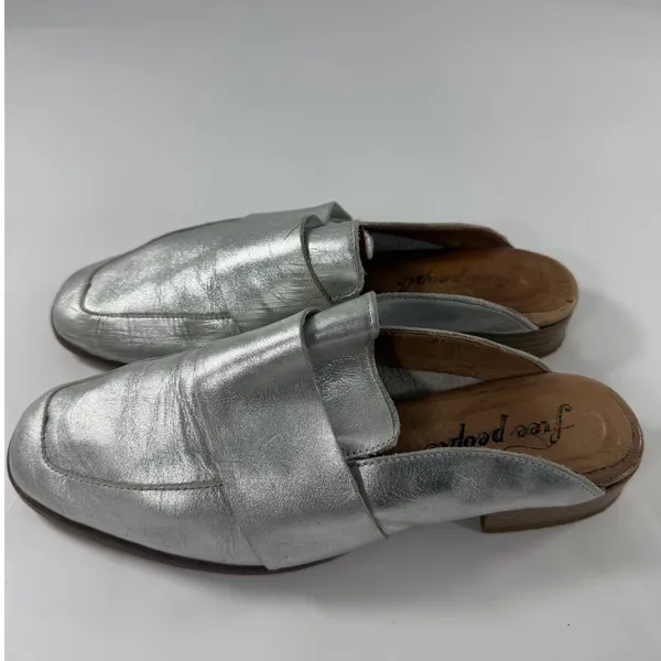 Free People At Ease Loafer Mules Silver Metallic Leather Square Toe Size 36 - Image 4