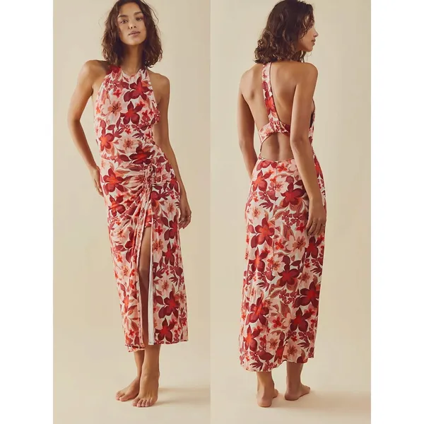Free People Bohemian Floral Hawaiian Tropical Mimi Maxi Dress Size Medium Slit - Image 5