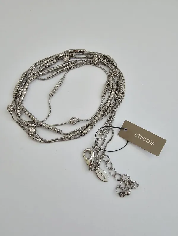 ​Chico's Silver Tone Layered Snake Chain Rhinestone Rondelle Station Necklace - Image 3