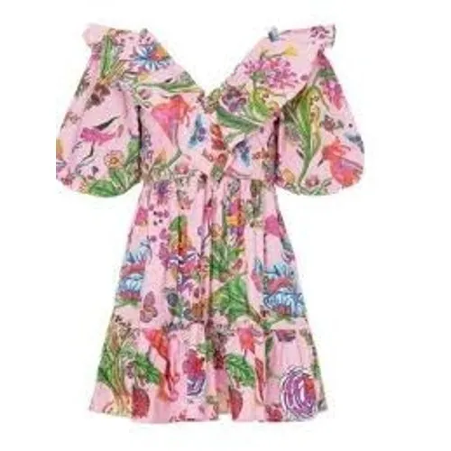 Banjanan Mini Dress Womens XS‎ Pink Toucans Garden Tropical Ruffle Puff Sleeve - Image 2