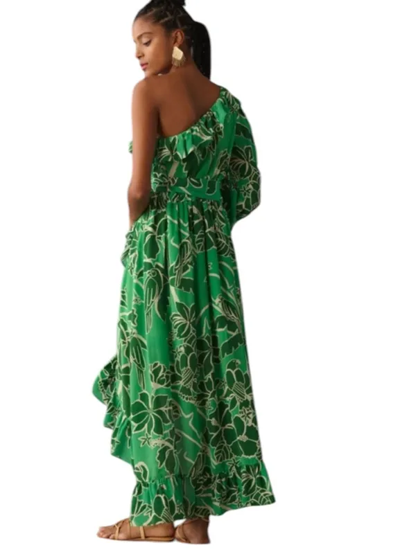 FARM Rio Tropical Green One-Shoulder Ruffle Midi Dress Size XS - Image 2